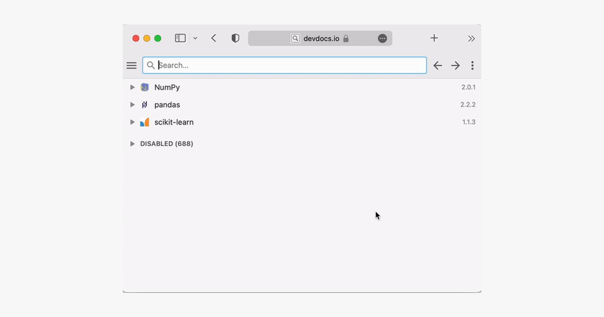 devdocs.io searching NumPy, pandas, and scikit-learn docs from one search box