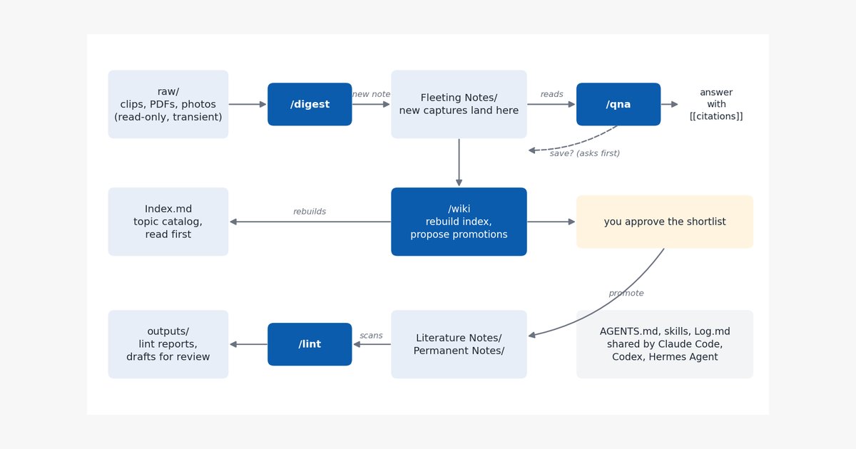 Data flow of the vault: the digest skill turns raw sources into fleeting notes, qna answers from the index and notes, wiki rebuilds the index and proposes promotions you approve, and lint scans notes into reports
