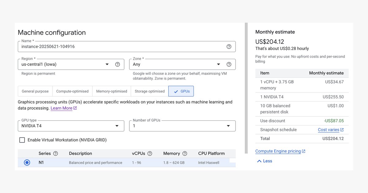 Google Cloud machine configuration with one NVIDIA T4 GPU and a monthly estimate of about US$204